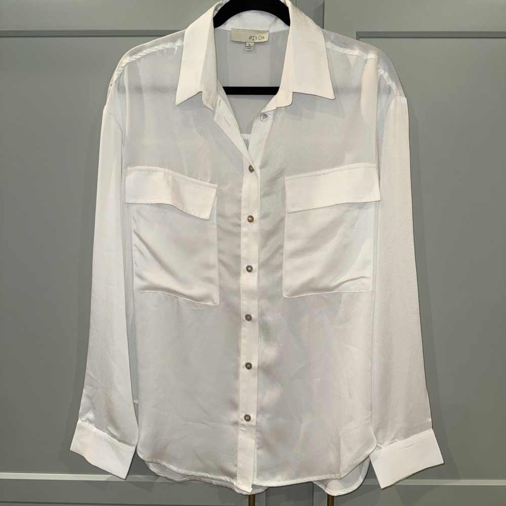 PINCH Women's Bright White Satin Utility Blouse Large Front Flap Pockets L/S